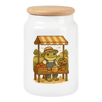 Frog at the Market Stand – Cottagecore Frog - Cookie Jar with Wooden Lid - white - Front