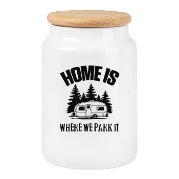 Camper Camping Campen Home is where we park it - Cookie Jar with Wooden Lid - white - Front