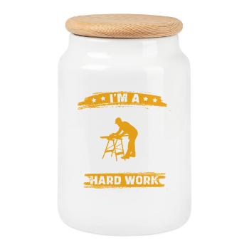 Carpenter's saying: Hard work - Cookie Jar with Wooden Lid - white - Front