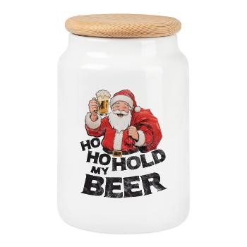 Weihnachtsmann mit Bier Spruch Ho Ho Hold my Beer - Keksdose mit Holzdeckel - Weiß - Vorne