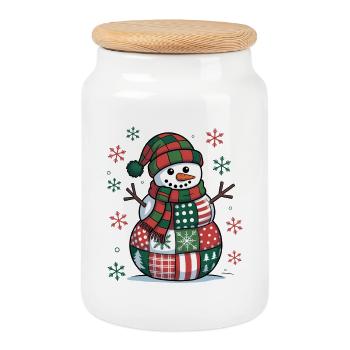 Snowman Patchwork - Cookie Jar with Wooden Lid - white - Front