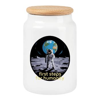 Premiers pas pour l’humanité Astronaute Lune - Boîte à biscuits avec couvercle en bois - blanc - Devant