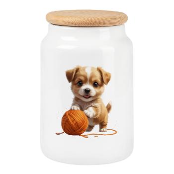 Kuschelhund mit Garnball - Keksdose mit Holzdeckel - Weiß - Vorne