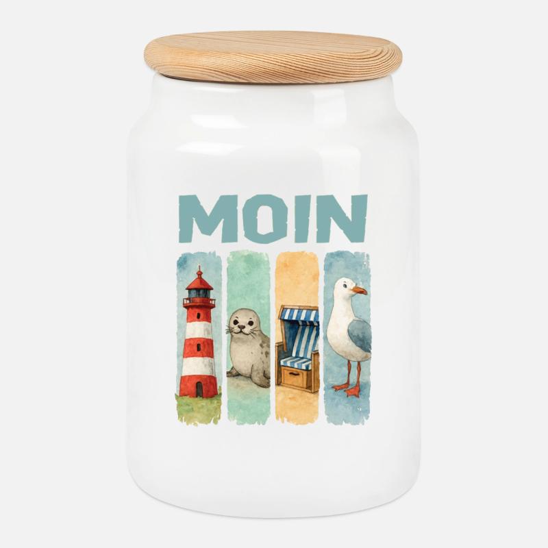 Moin Leuchtturm Robbe Strandkorb Möwe Küste - Keksdose mit Holzdeckel - Weiß