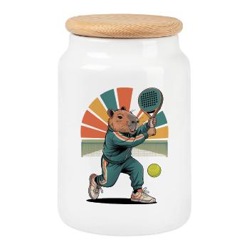 Capybara plays padel tennis in retro style - Cookie Jar with Wooden Lid - white - Front