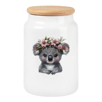 Koala with flower crown illustration - Cookie Jar with Wooden Lid - white - Front