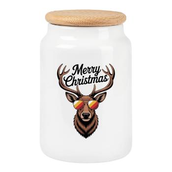 Cerf avec bois et lunettes de soleil Joyeux Noël - Boîte à biscuits avec couvercle en bois - blanc - Devant