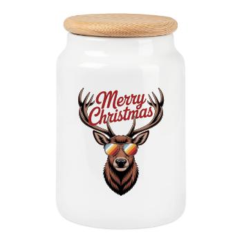 Cerf avec bois et lunettes de soleil Joyeux Noël - Boîte à biscuits avec couvercle en bois - blanc - Devant
