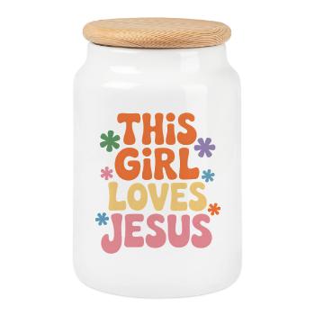 Cette fille aime Jésus – Rétro coloré - Boîte à biscuits avec couvercle en bois - blanc - Devant