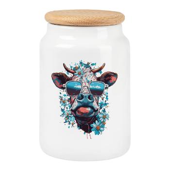 Vache colorée avec des lunettes de soleil – Flower Power Look - Boîte à biscuits avec couvercle en bois - blanc - Devant
