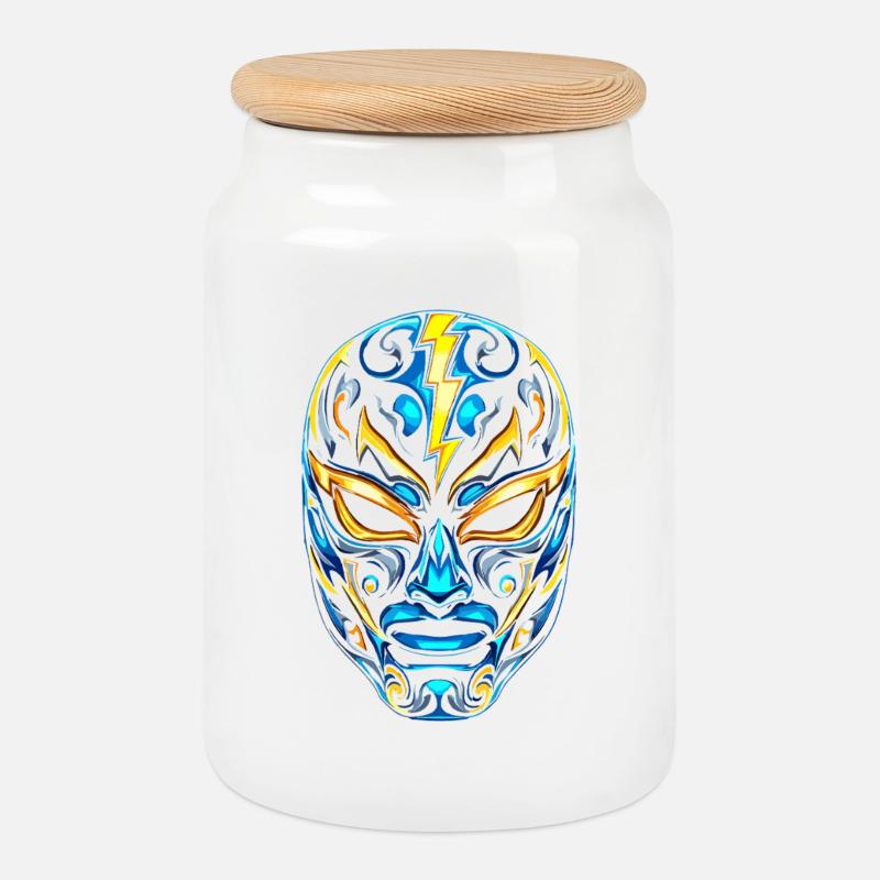 Masques Flash Lucha Bleu Néon Or - Boîte à biscuits avec couvercle en bois - blanc