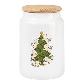 Katze Weihnachtsbaum Laune, Kätzchen - Keksdose mit Holzdeckel - Weiß - Vorne