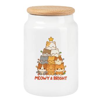 Meowy and Bright Cat Stack, Love Kittens  - Cookie Jar with Wooden Lid - white - Front