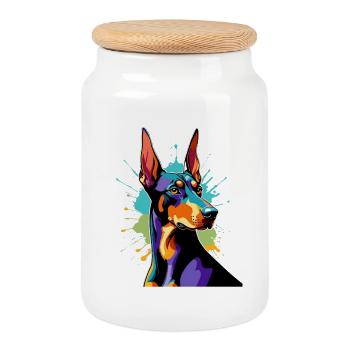 Color explosion Doberman - Cookie Jar with Wooden Lid - white - Front