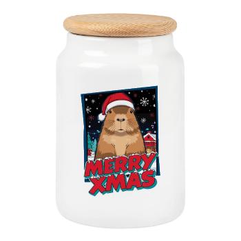 Capybara avec chapeau de Père Noël - Boîte à biscuits avec couvercle en bois - blanc - Devant