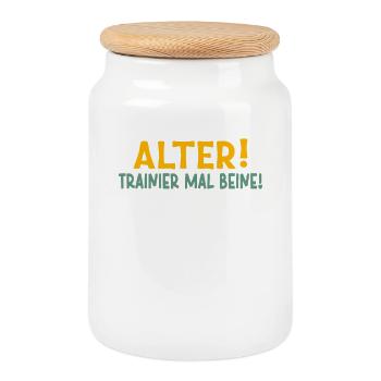 Strichmännchen ALTER TRAINIER MAL BEINE Lustiges - Keksdose mit Holzdeckel - Weiß - Vorne