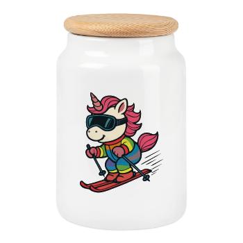 Cute ski unicorn in rainbow suit - Cookie Jar with Wooden Lid - white - Front