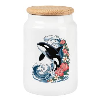 Orca in tropical waves - Cookie Jar with Wooden Lid - white - Front