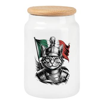 Cat Legionnaire with Italian Flag - Cookie Jar with Wooden Lid - white - Front