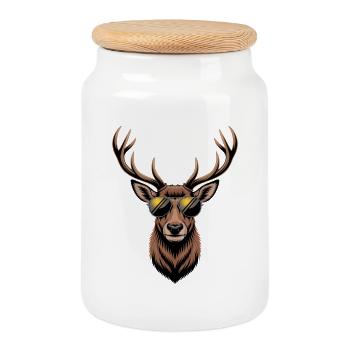 Cerf avec bois et lunettes de soleil - Boîte à biscuits avec couvercle en bois - blanc - Devant