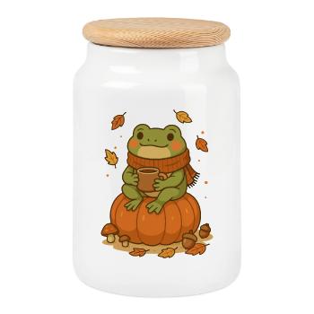 Grenouille d’automne – Grenouille douillette avec citrouille - Boîte à biscuits avec couvercle en bois - blanc - Devant