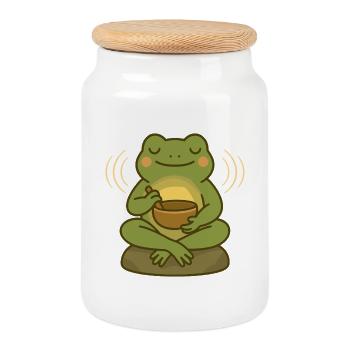 Grenouille méditante – Bol chantant et pleine conscience - Boîte à biscuits avec couvercle en bois - blanc - Devant