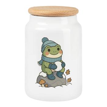 Winter Frog – Cozy Frog with Snowball - Cookie Jar with Wooden Lid - white - Front