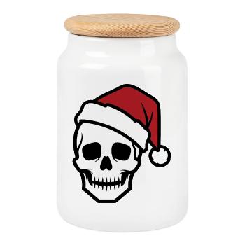 Creepy Skeleton with Santa Hat Biker Horro - Cookie Jar with Wooden Lid - white - Front