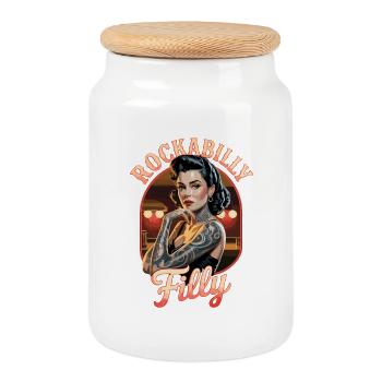 Rockabilly Filly Vintage Tattoo Art - Cookie Jar with Wooden Lid - white - Front