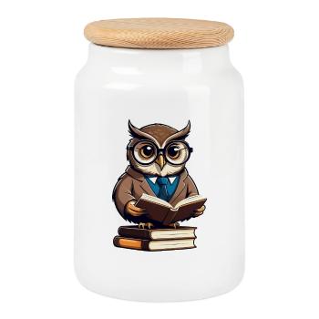 Owl Academy en costume - Boîte à biscuits avec couvercle en bois - blanc - Devant