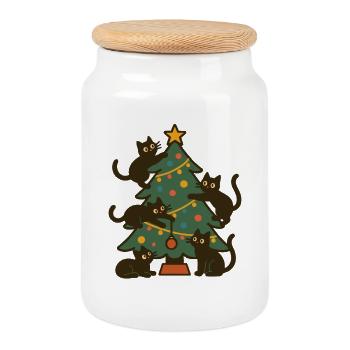 Chats de Noël autour de la fête de l’arbre de Noël - Boîte à biscuits avec couvercle en bois - blanc - Devant