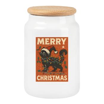 Merry Christmas Cat with Lights - Cookie Jar with Wooden Lid - white - Front