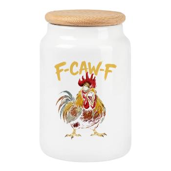 F-CAW-F Hahn Cartoon Grafik - Keksdose mit Holzdeckel - Weiß - Vorne