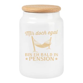 Pensionär Hängematte - Eh bald in Pension - Keksdose mit Holzdeckel - Weiß - Vorne