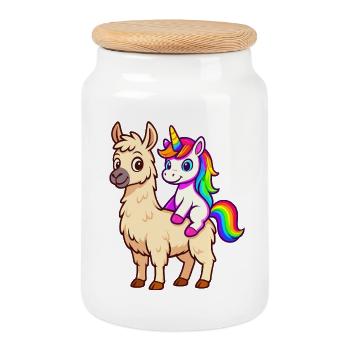 Unicorn Llama Rainbow Shirt - Cookie Jar with Wooden Lid - white - Front