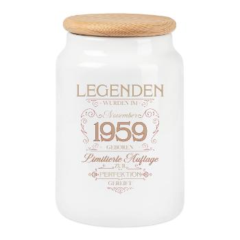 66th Birthday Legend November Vintage 1959 - Cookie Jar with Wooden Lid - white - Front