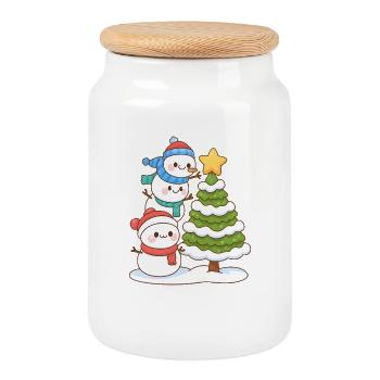 Snowy Trio and Christmas Tree Charm - Cookie Jar with Wooden Lid - white - Front