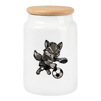 Wolfsoccer Animierter Wolf - Keksdose mit Holzdeckel - Weiß - Vorne