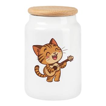 Ein Katzengitarrist lustige Katze spielt Gitarre  - Keksdose mit Holzdeckel - Weiß - Vorne