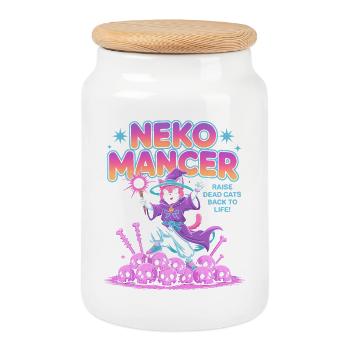 Nekomancer- Funny Halloween Cat T-Shirt - Cookie Jar with Wooden Lid - white - Front