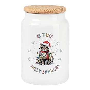 Chat avec des guirlandes lumineuses Noël Noël chat - Boîte à biscuits avec couvercle en bois - blanc - Devant