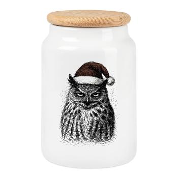 Müde Weihnachts- Eule - Keksdose mit Holzdeckel - Weiß - Vorne