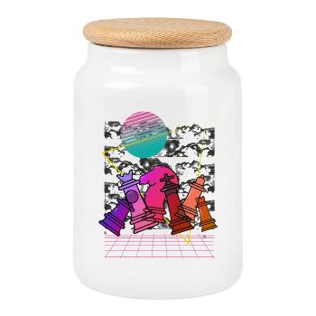 Neon Chess Collage - Cookie Jar with Wooden Lid - white - Front