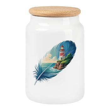 Lighthouse in Feather Landscape Painting - Cookie Jar with Wooden Lid - white - Front