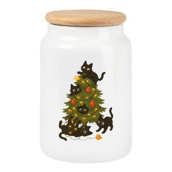Lustige Katzen, die um den Weihnachtsbaum spielen - Keksdose mit Holzdeckel - Weiß - Vorne