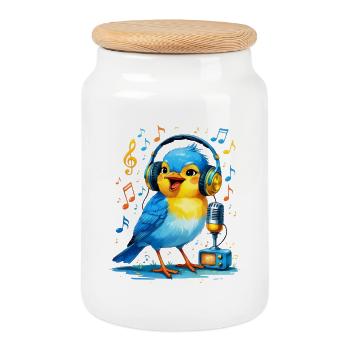 Karaoke Vogel mit Kopfhörern - Keksdose mit Holzdeckel - Weiß - Vorne