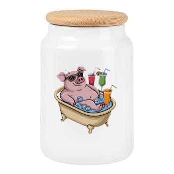Cochon relaxant dans le bain avec cocktails - Boîte à biscuits avec couvercle en bois - blanc - Devant