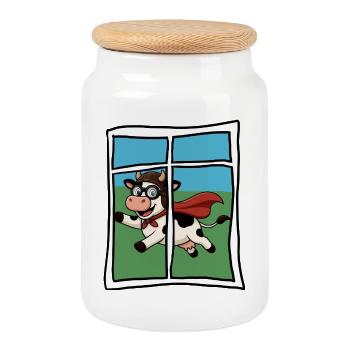 Cow Hero Comic "A Cow Flies Past the Window" - Cookie Jar with Wooden Lid - white - Front