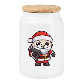 Père Noël Pistolet Bande Dessinée Noël - Boîte à biscuits avec couvercle en bois - blanc - Devant