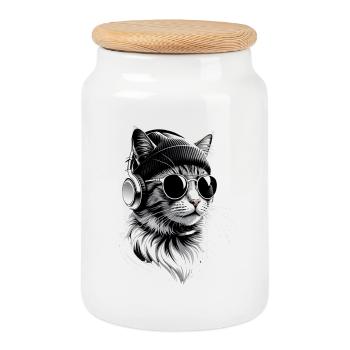 Cat DJ with headphones - Cookie Jar with Wooden Lid - white - Front